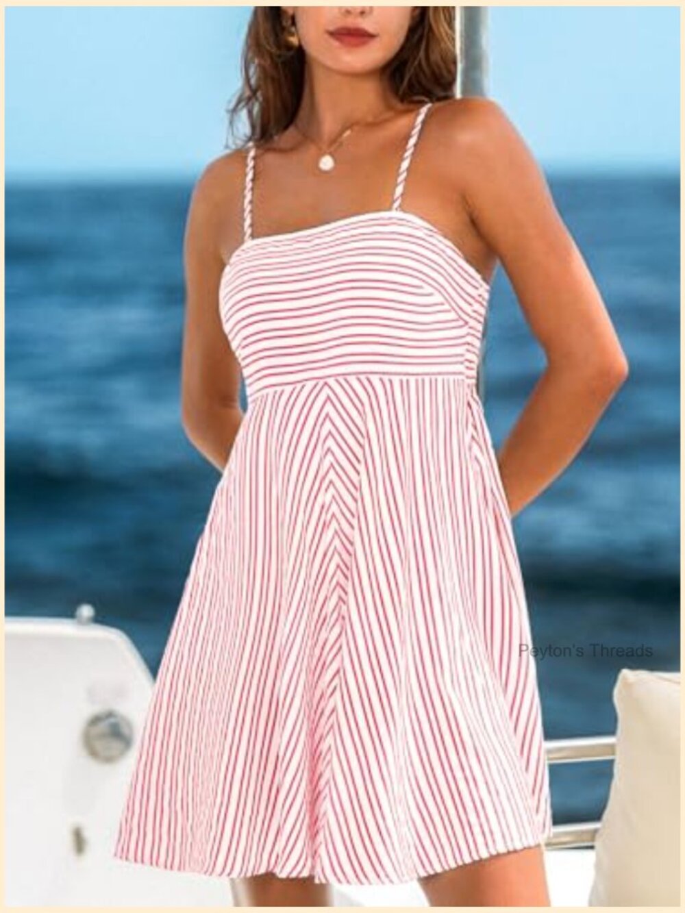 Smocked Square Neck Striped Mini Dress with Pockets - Picture 7 of 7